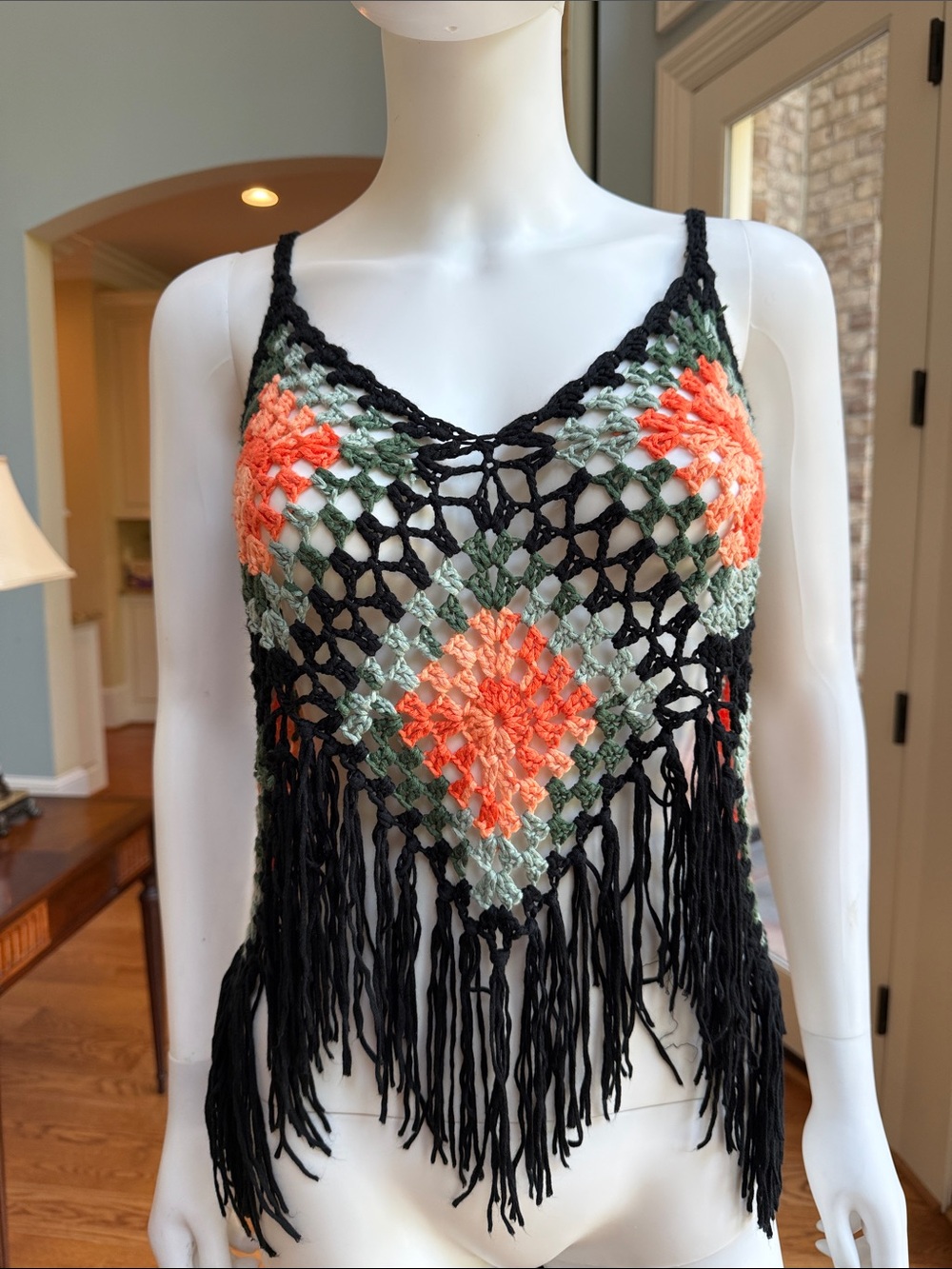 Boho Crochet Fringe Tank Top - Black with Coral & Sage - Picture 1 of 7